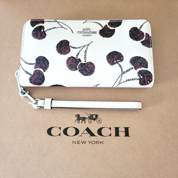 Coach CDE92 Long Zip Around Wallet Cherry Embossed Print Leather Chalk Multi - Picture 4 of 7